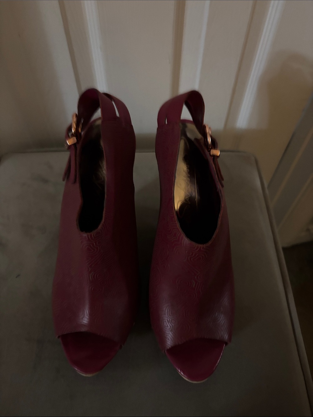 Women's Zandra Rhodes Burgundy Open-Toe Wedge Heels